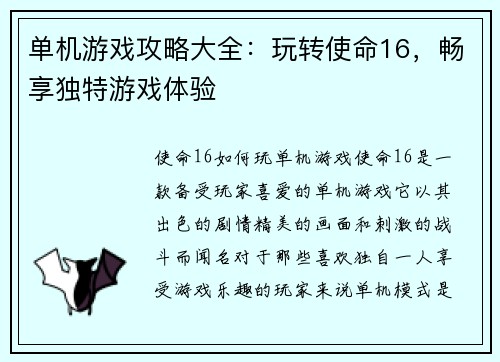 单机游戏攻略大全：玩转使命16，畅享独特游戏体验